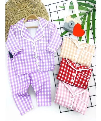 9-12-18-24 Ay Kare Baskılı Düğme Kapamalı 2li Kız Erkek Bebek Pijama Takımı