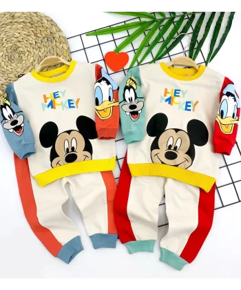 9-12-18-24 Ay Mickey Ve Arkadaşları Desenli Uzun Kollu Sweat 2li Kız Erkek Bebek Takımı