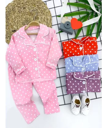 9-12-18-24 Ay Puantiyeli Düğme Kapama 2li Kız Erkek Bebek Pijama Takımı