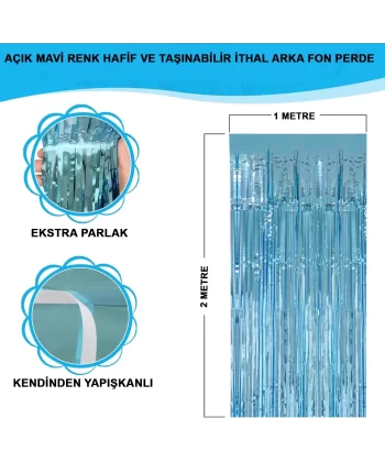 Açık Mavi Renk Ekstra Metalize Parlak Saçaklı Arka Fon Perde İthal A Kalite 1x2 Metre