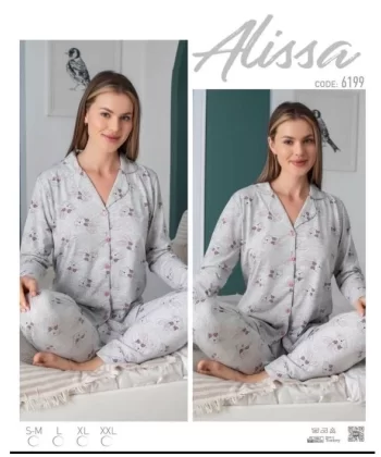 Alissa 6199 Bayan Önü Düğmeli Desenli Pijama Takımı