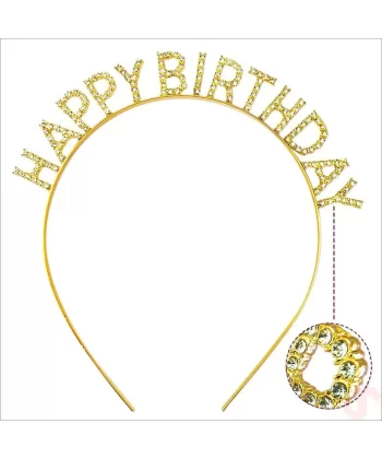 Altın Gold Renk Kristal Taşlı Parlak Happy Birthday Taç 16x17 Cm