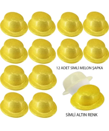 Altın Renk Simli Melon Yuvarlak Parti Şapkası 12 Adet