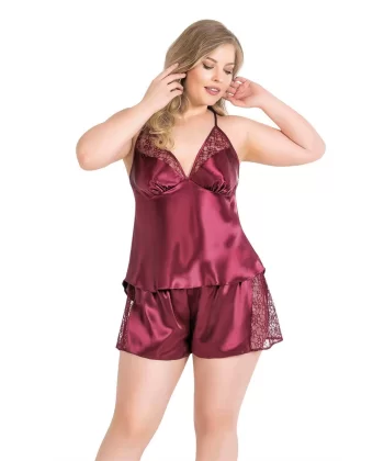 Arias Closet Büyük Beden Bordo Saten Babydoll Şort TakımI