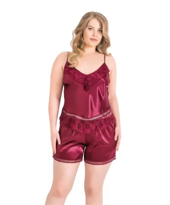 Arias Closet Büyük Beden Bordo Saten Babydoll Şort Takımı