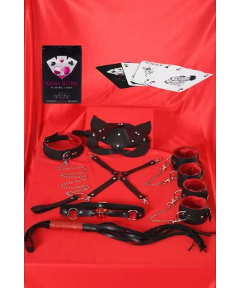 Arias Closet Sexy Görselli Oyun Kartı Kama Sutra 7li Kırmızı Siyah Harness Set