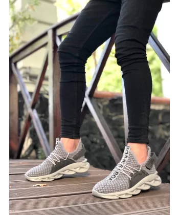 BA0350 Yüksek Taban Tarz Sneakers Cırt Detaylı Gri Erkek Spor Ayakkabısı