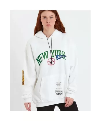 Baskılı Kapüşonlu Sweatshirt - Beyaz