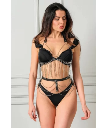 Bel Ve Göğüs Üstü Zincirli Deri Sexi Harness Takım 800164