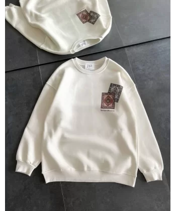 Bisiklet Yaka Baskılı SweatShirt - Beyaz