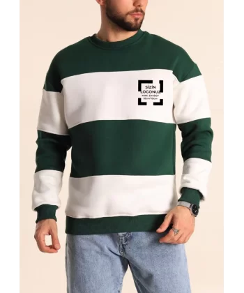 Bisiklet Yaka Parçalı Özel Üretim Sweatshirt- Yeşil