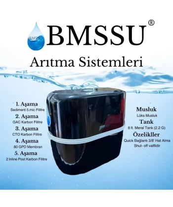 BMS Su Arıtma 5 Aşamalı 8 Lt Çelik Tanklı Pompasız Multi mineralli Su Arıtma Cihazı Premium Seri