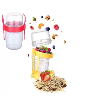 Çift Hazneli - Çatal Kaşıklı Portatif Müsli -atıştırmalık Kabı 800 Ml