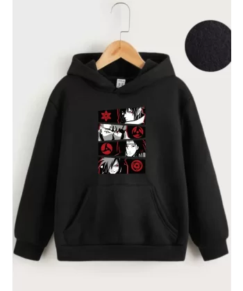 Çocuk Unisex Kapüşonlu Anime Baskılı Sweatshirt - Siyah