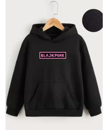 Çocuk Unisex Kapüşonlu Blackpink Baskılı Sweatshirt - Siyah