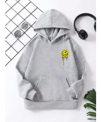 Çocuk Unisex Kapüşonlu Emoji Baskılı Sweatshirt - Gri