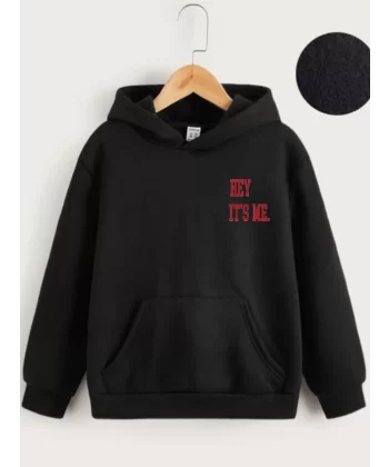 Çocuk Unisex Kapüşonlu Hey Its Me Baskılı Sweatshirt - Siyah