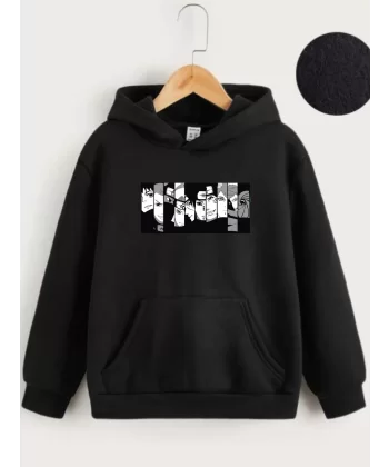 Çocuk Unisex Kapüşonlu Koyu Anime Baskılı Sweatshirt - Siyah