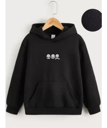 Çocuk Unisex Kapüşonlu Mini Kafa Baskılı Sweatshirt - Siyah