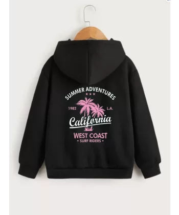 Çocuk Unisex Kapüşonlu Ön ve Arka California Baskılı Sweatshirt - Siyah