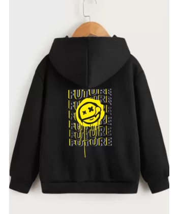 Çocuk Unisex Kapüşonlu Ön ve Arka Emoji Baskılı Sweatshirt - Siyah