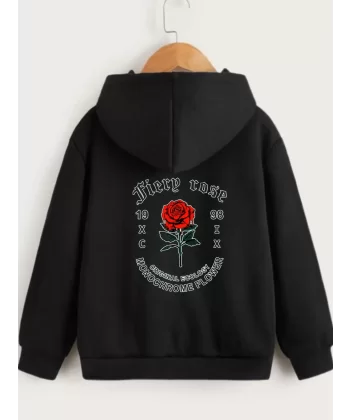 Çocuk Unisex Kapüşonlu Ön ve Arka Fiery Rose Baskılı Sweatshirt - Siyah