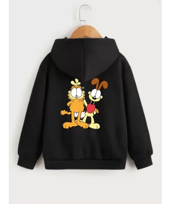 Çocuk Unisex Kapüşonlu Ön ve Arka Garfield Baskılı Sweatshirt - Siyah