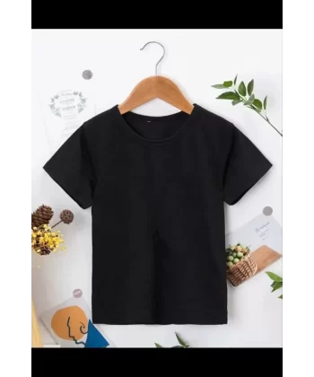 Çocuk Unisex Kapüşonlu Özel Tasarım Basic Tshirt - Siyah