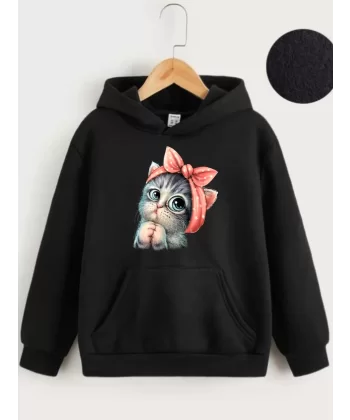 Çocuk Unisex Kapüşonlu Tatlı Kedi Baskılı Sweatshirt - Siyah