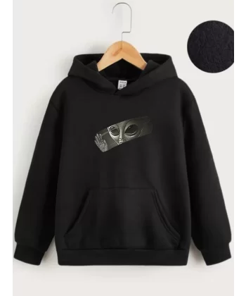 Çocuk Unisex Kapüşonlu Uzaylı Baskılı Sweatshirt - Siyah