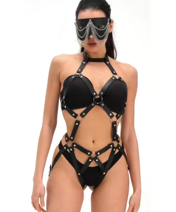 Deri Babydoll Harness Zincir Maskeli Takım 800155TAK