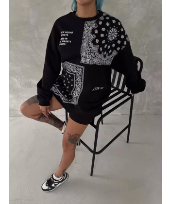 Desenli Üç İplik Bisiklet Yaka Oversize SweatShirt - Siyah