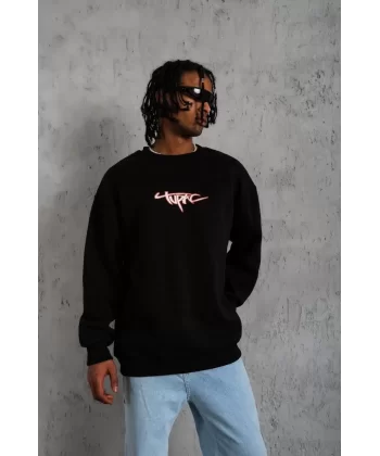 Erkek 3 İplik Gangster Baskılı Sweatshirt - Siyah