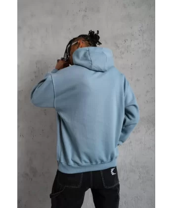 Erkek Armalı Baskılı Kapüşonlu Sweatshirt - Mavi