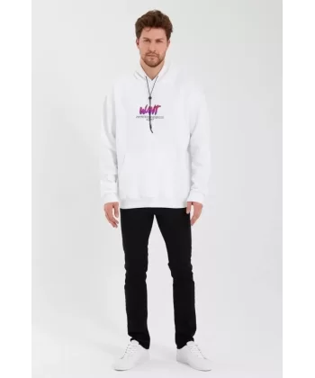 Erkek Baskılı Üç İplik Kapüşonlu Oversize Sweatshirt - Beyaz