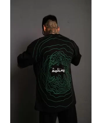 Erkek Bisiklet Yakalı Sırt Baskılı Oversize T-Shirt - Siyah