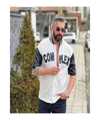 Erkek Complex Kolları Deri Kolej Oversize T-Shirt - Beyaz