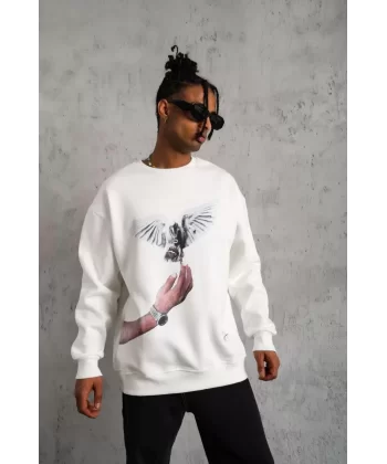 Erkek Güvercin Baskılı Sweatshirt - Beyaz