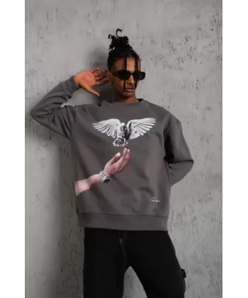 Erkek Güvercin Baskılı Sweatshirt - Gri