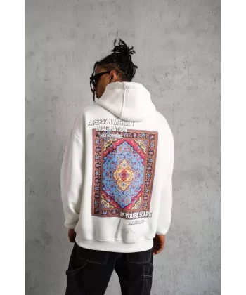 Erkek Kilim Desen Kapüşonlu Sweat- Beyaz