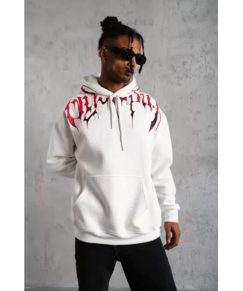 Erkek Ön ve Arka Baskılı Kapüşonlu 3 İplik Sweatshirt - Beyaz