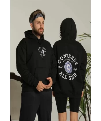 Erkek Sırt Baskılı Oversize Üç İplik Kapüşonlu Hoodie Sweatshirt - Siyah