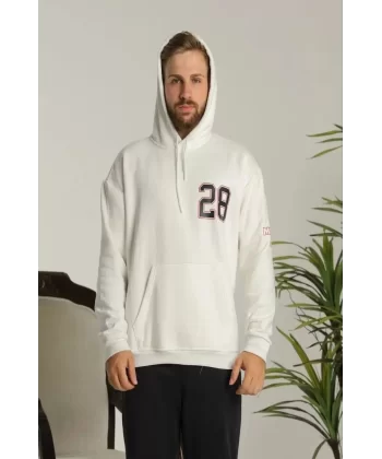 Erkek Sırt Baskılı Oversize Üç İplik Kapüşonlu Sweatshirt - Beyaz