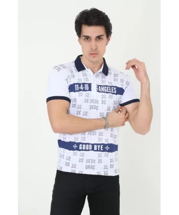 Erkek Yakalı Slim Fit Baskılı T-Shirt - Beyaz