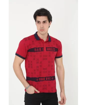 Erkek Yakalı Slim Fit Baskılı T-Shirt - Kırmızı