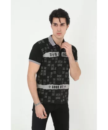 Erkek Yakalı Slim Fit Baskılı T-Shirt - Siyah