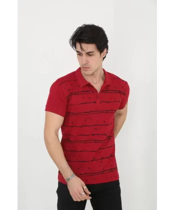 Erkek Yakalı Slim Fit Pike Çizgili T-Shirt - Kırmızı