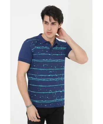 Erkek Yakalı Slim Fit Pike Çizgili T-Shirt - Mavi