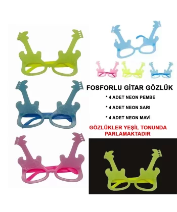 Fosforlu Gitar Model Glow Parti Gözlüğü Karanlıkta Yanan Gözlükler 12 Adet