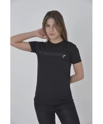 Göğüste Fermuar Aksesuarlı Dar Kalıp T-Shirt - Siyah